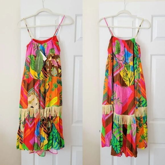 NWT ANTHROPOLOGIE FARM RIO SzM PALILA SPAGUETTI STRAPS FRINGED MIDI DRESS - Picture 2 of 14